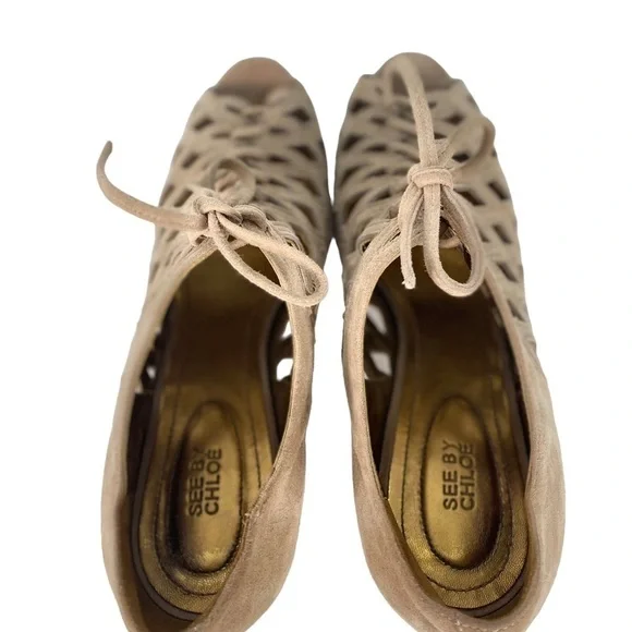 SEE by CHLOE caged lattice lace up open toe platform suede block heels - Picture 8 of 9